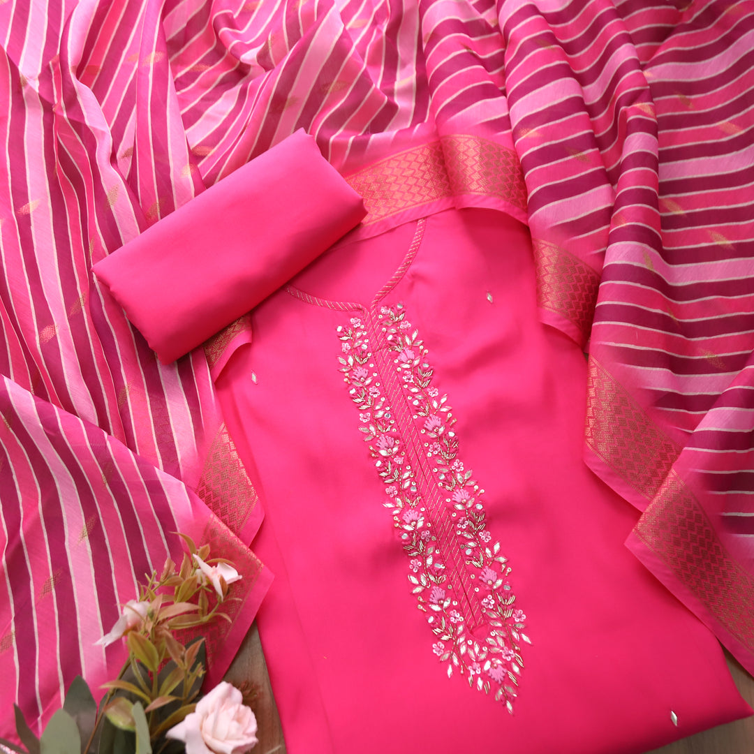 Maya Rani Pink Kardana Embellish Neck Work in Modal Set