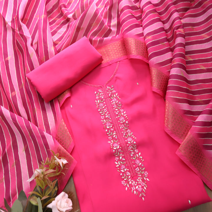 Maya Rani Pink Kardana Embellish Neck Work in Modal Set