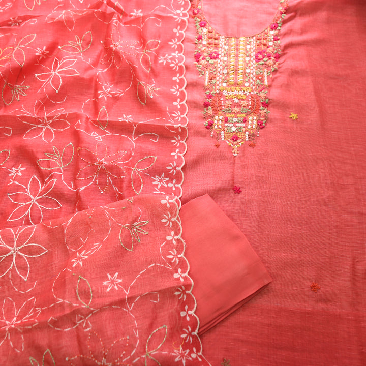 Avisha Coral Blush Kolkata Hand Kantha Embroidered Chanderi Set