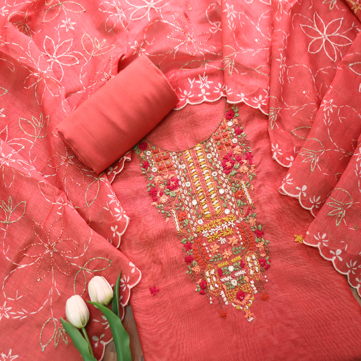 Avisha Coral Blush Kolkata Hand Kantha Embroidered Chanderi Set