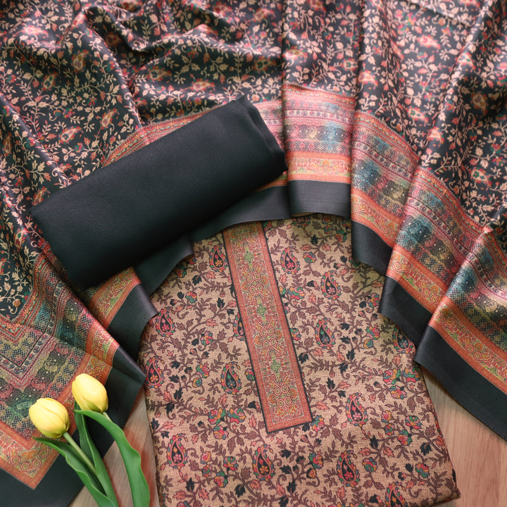 कल्याणी Beige with Green All Over Kanni Floral Printed Semi Pashmina Winter Set