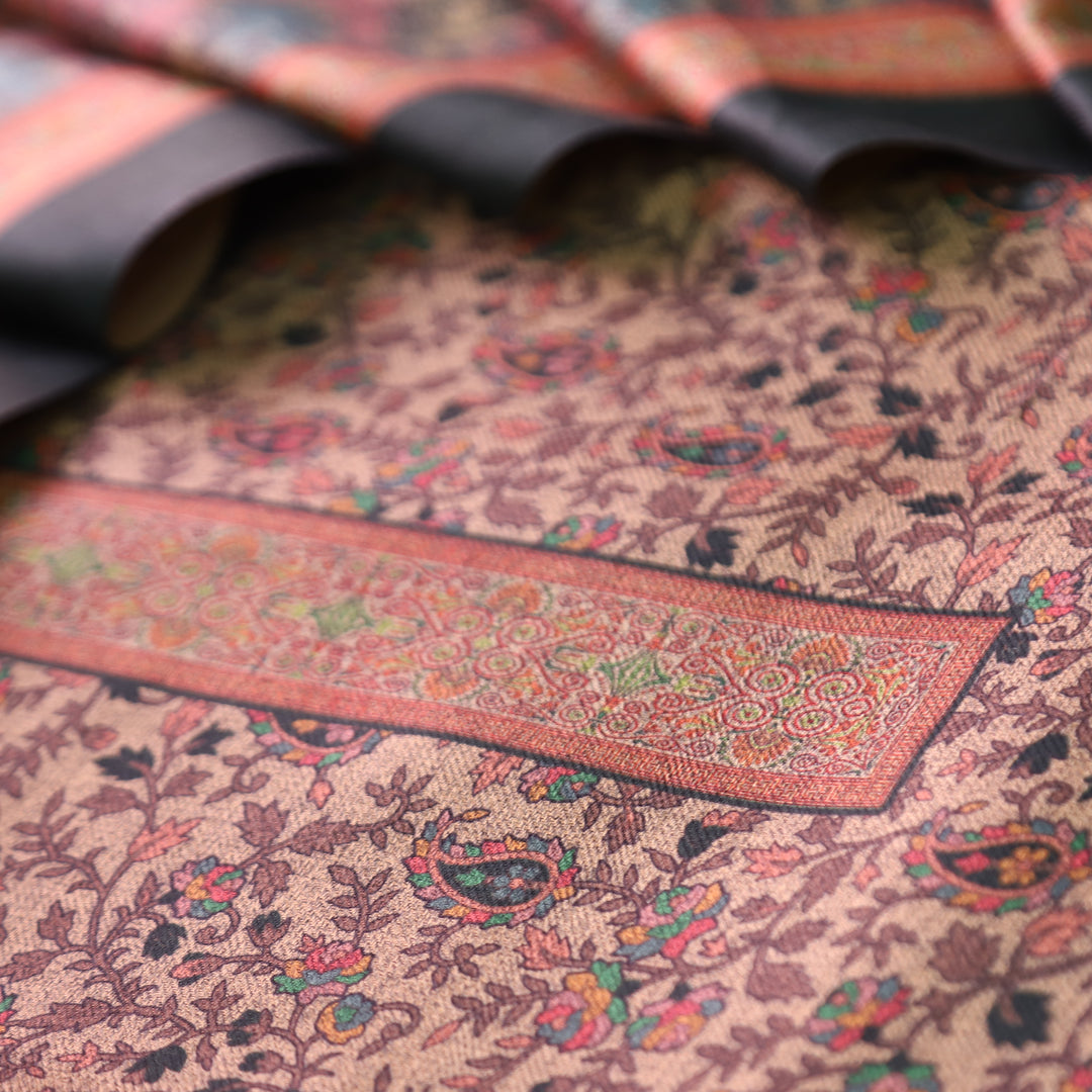 कल्याणी Beige with Green All Over Kanni Floral Printed Semi Pashmina Winter Set