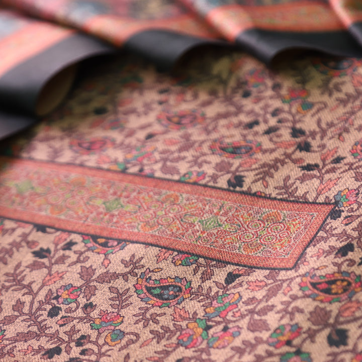 कल्याणी Beige with Green All Over Kanni Floral Printed Semi Pashmina Winter Set