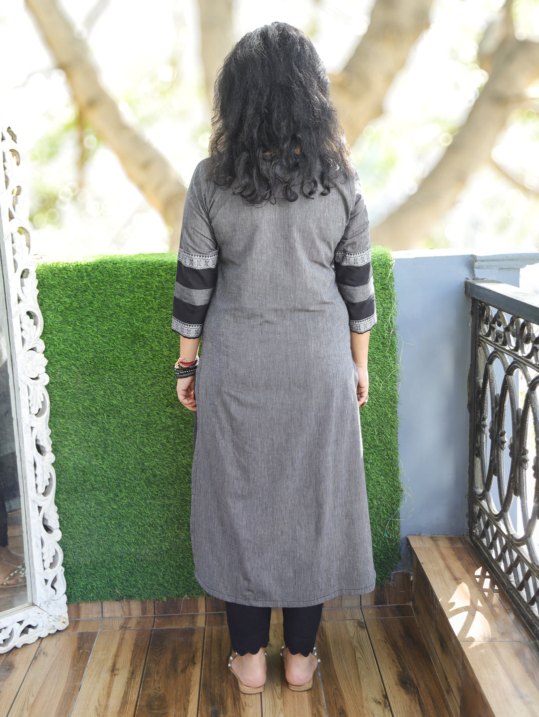 Tara Sky Grey Round Neck with Button and Patch on Hem Work South Cotton Kurti