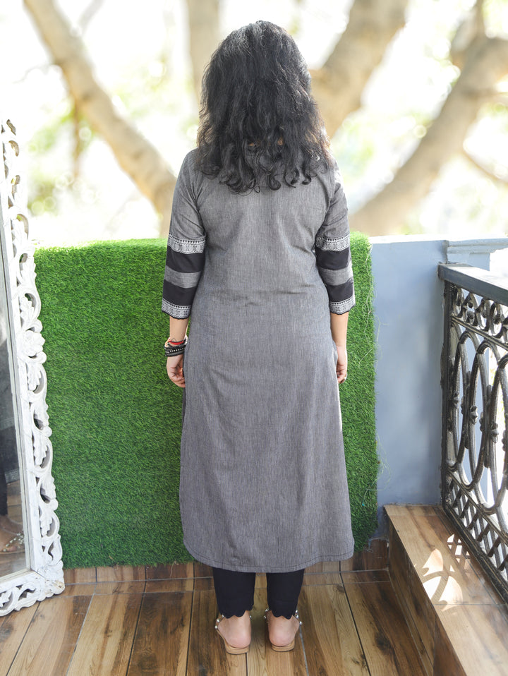 Tara Sky Grey Round Neck with Button and Patch on Hem Work South Cotton Kurti