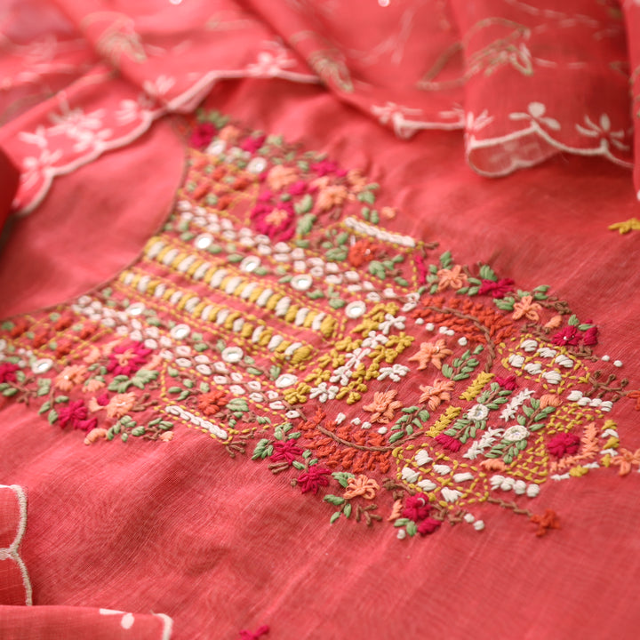 Avisha Coral Blush Kolkata Hand Kantha Embroidered Chanderi Set