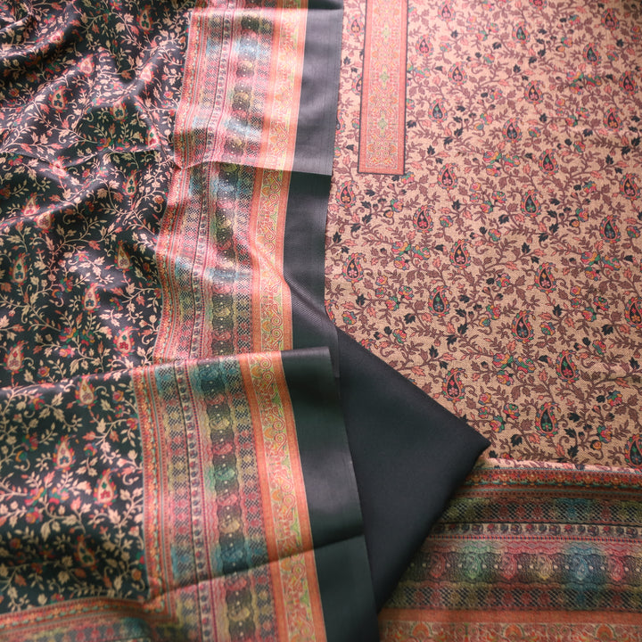 कल्याणी Beige with Green All Over Kanni Floral Printed Semi Pashmina Winter Set