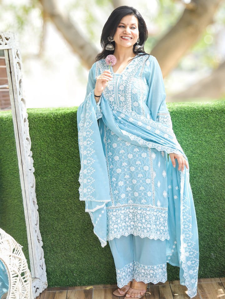 Alia Blue Embroidered Mul Cotton 3 Piece Set