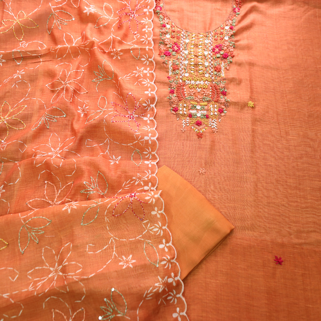 Avisha Burnt Rust Kolkata Hand Kantha Embroidered Chanderi Set