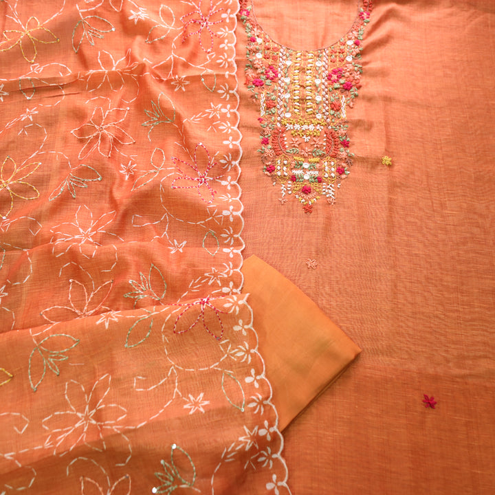 Avisha Burnt Rust Kolkata Hand Kantha Embroidered Chanderi Set