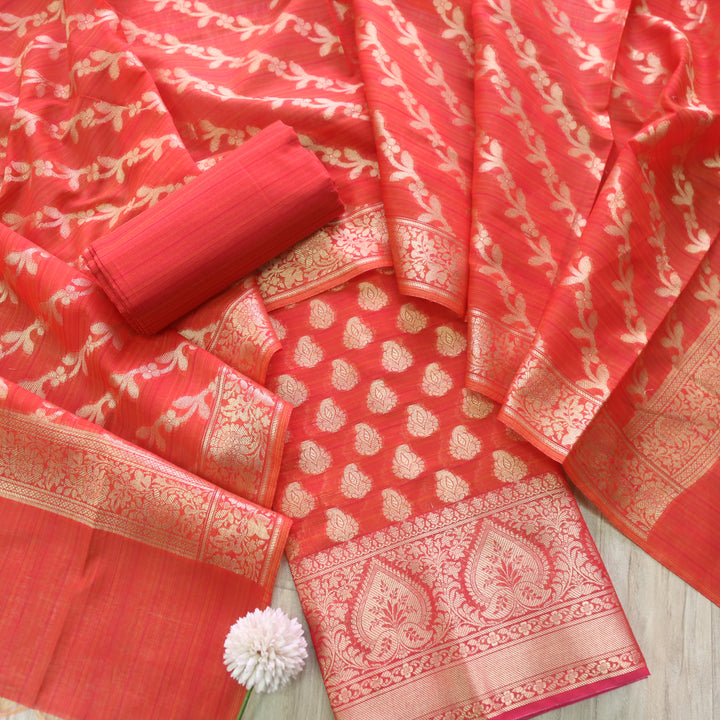 Veriya Cherry Red All Over Brocade Work details Handloom Chanderi Suit Set