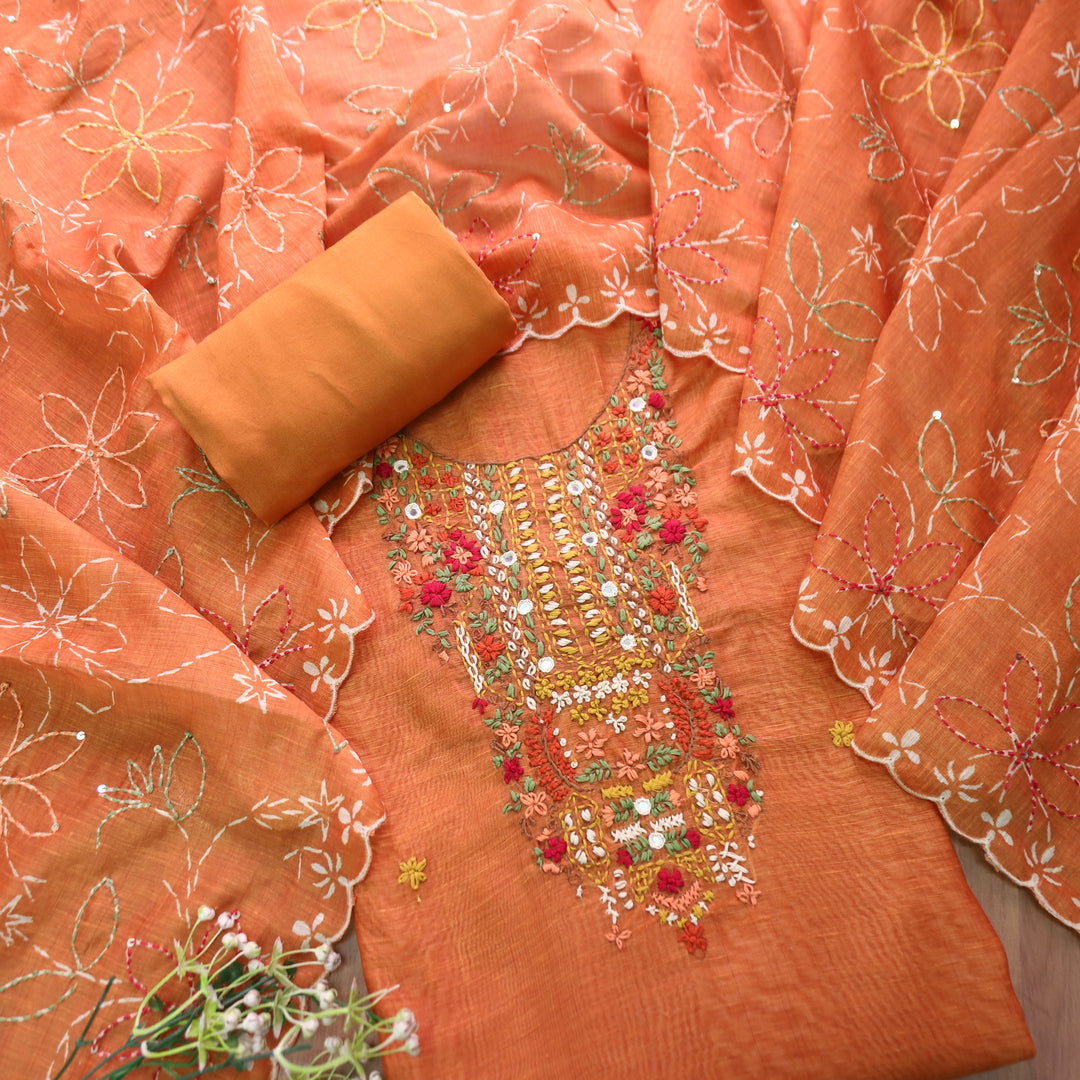 Avisha Burnt Rust Kolkata Hand Kantha Embroidered Chanderi Set