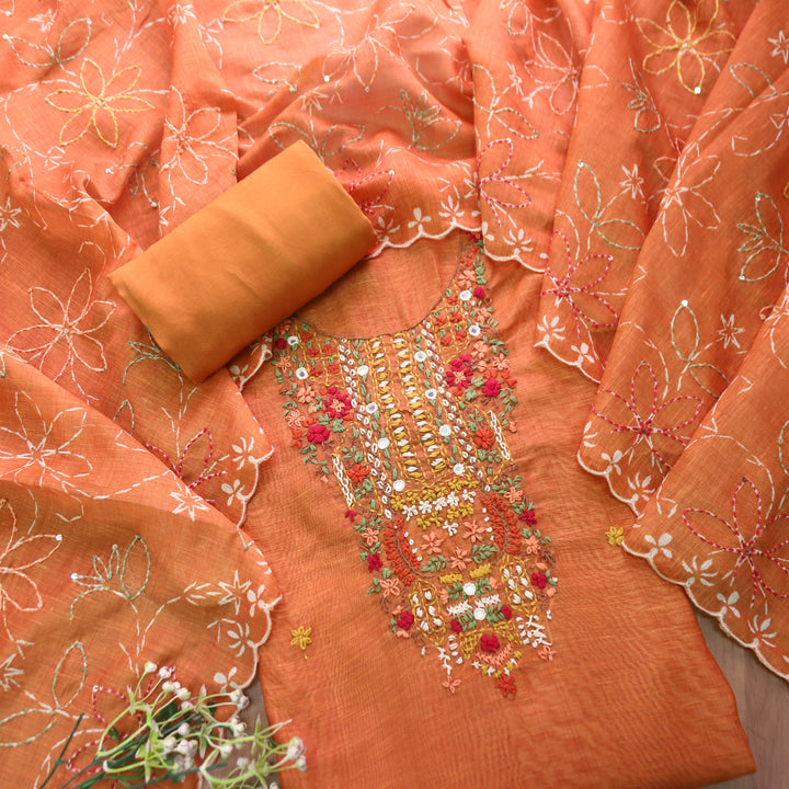 Avisha Burnt Rust Kolkata Hand Kantha Embroidered Chanderi Set