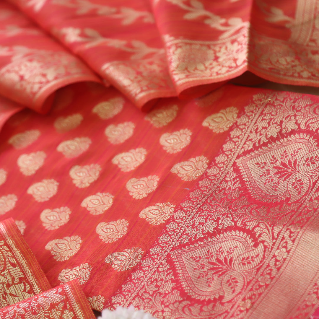 Veriya Cherry Red All Over Brocade Work details Handloom Chanderi Suit Set