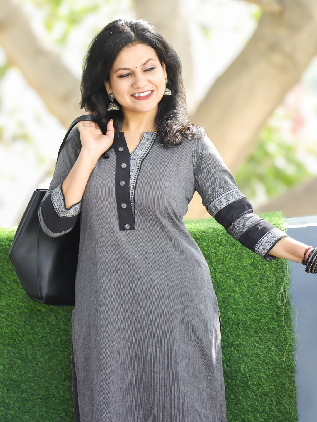 Tara Sky Grey Round Neck with Button and Patch on Hem Work South Cotton Kurti