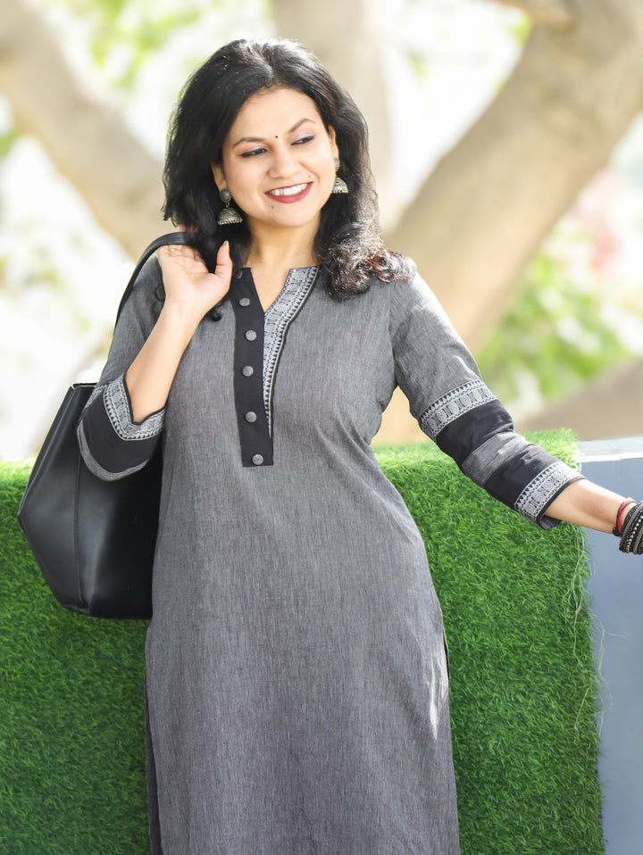 Tara Sky Grey Round Neck with Button and Patch on Hem Work South Cotton Kurti