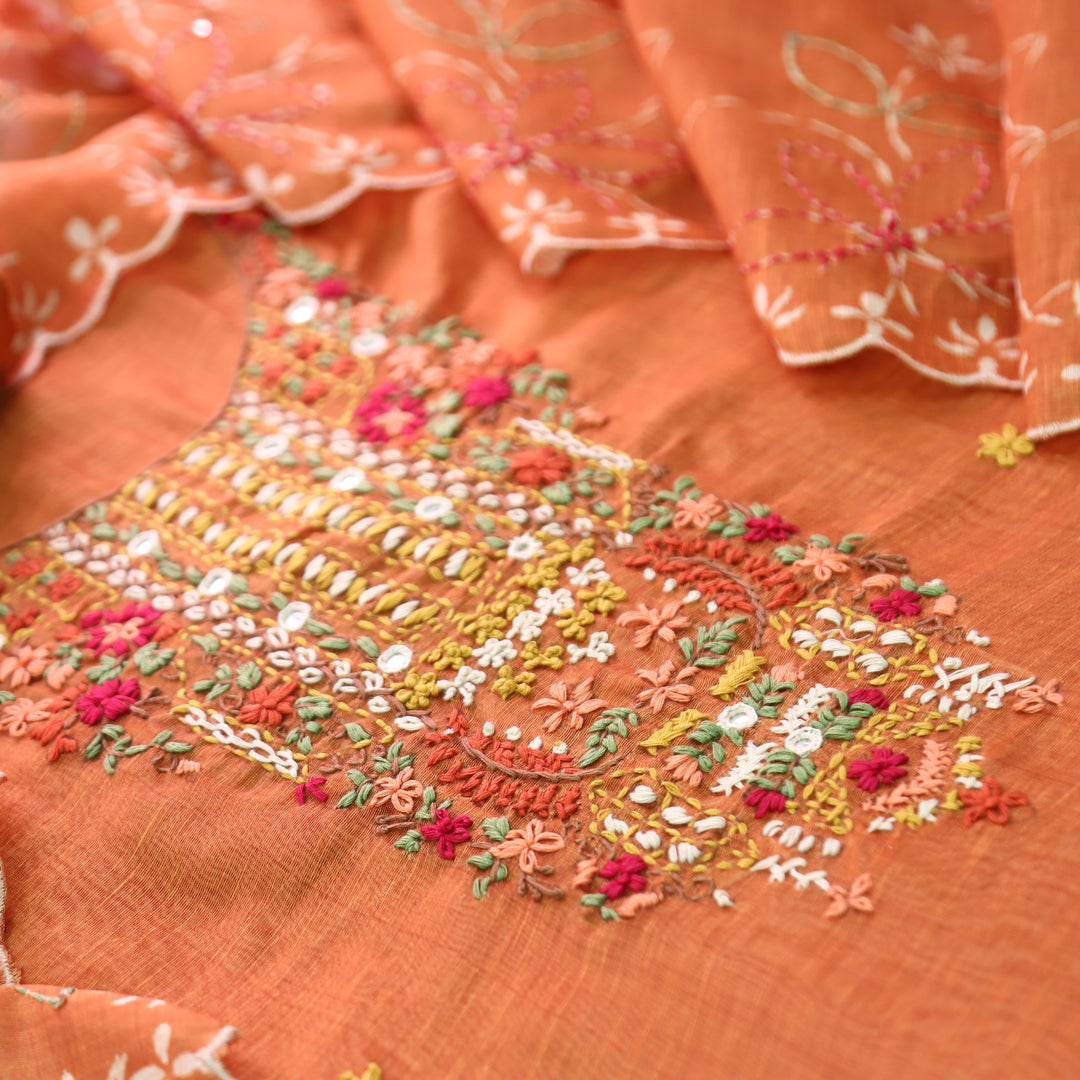 Avisha Burnt Rust Kolkata Hand Kantha Embroidered Chanderi Set