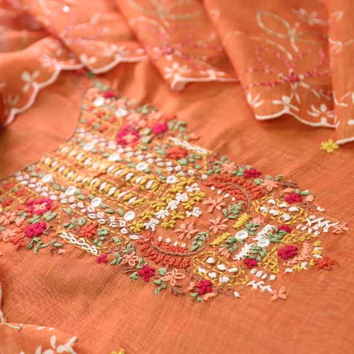 Avisha Burnt Rust Kolkata Hand Kantha Embroidered Chanderi Set