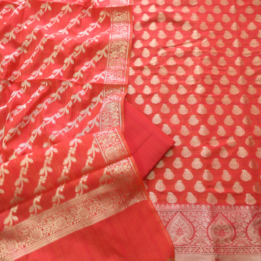 Veriya Cherry Red All Over Brocade Work details Handloom Chanderi Suit Set