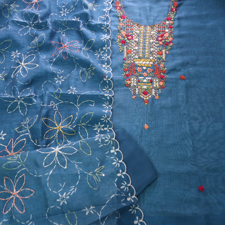 Avisha Cerulean Blue Kolkata Hand Kantha Embroidered Chanderi Set