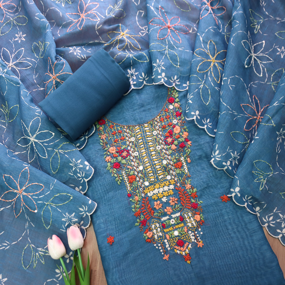 Avisha Cerulean Blue Kolkata Hand Kantha Embroidered Chanderi Set