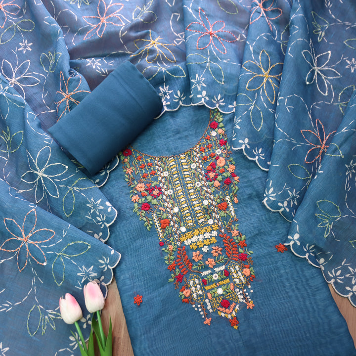 Avisha Cerulean Blue Kolkata Hand Kantha Embroidered Chanderi Set