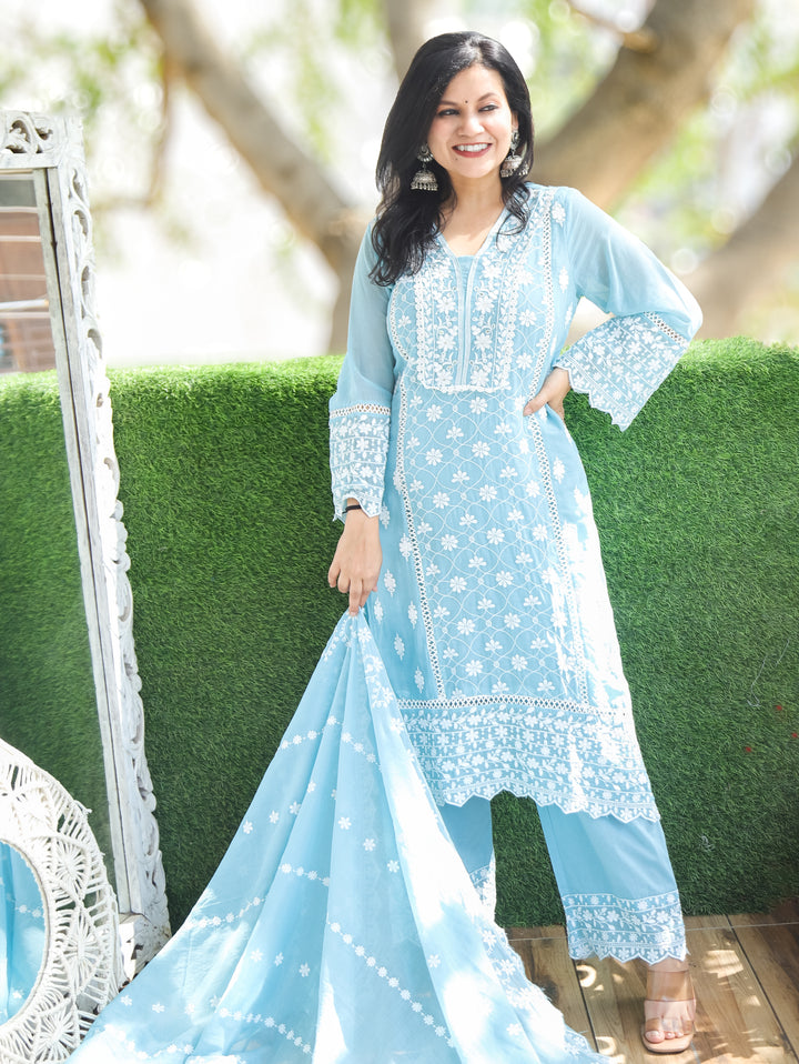 Alia Blue Embroidered Mul Cotton 3 Piece Set