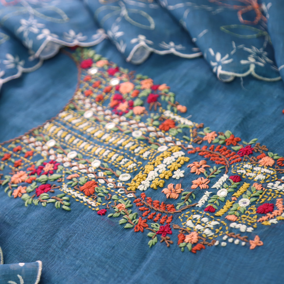 Avisha Cerulean Blue Kolkata Hand Kantha Embroidered Chanderi Set