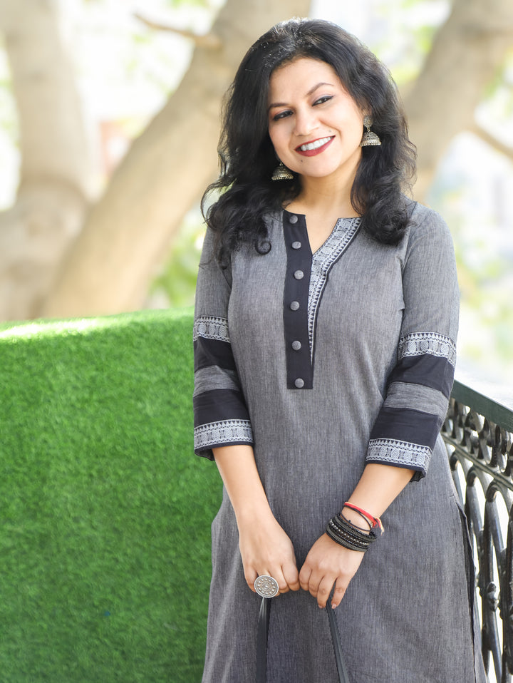 Tara Sky Grey Round Neck with Button and Patch on Hem Work South Cotton Kurti