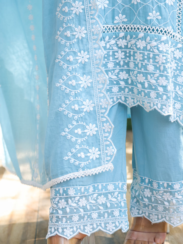 Alia Blue Embroidered Mul Cotton 3 Piece Set
