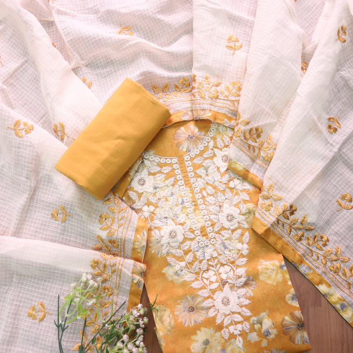 Apurav Peanut Yellow Chikankari Inspired Neck Work Floral Print Cotton Suit Set