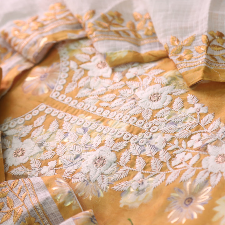 Apurav Peanut Yellow Chikankari Inspired Neck Work Floral Print Cotton Suit Set