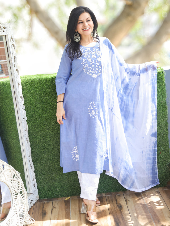 Kira Faded Blue Emboirdered Cotton 3 Piece Set