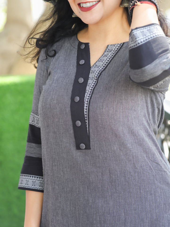Tara Sky Grey Round Neck with Button and Patch on Hem Work South Cotton Kurti