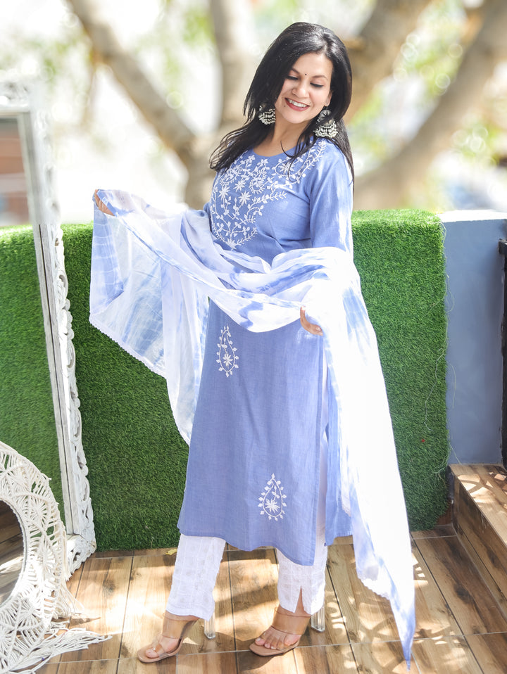 Kira Faded Blue Emboirdered Cotton 3 Piece Set