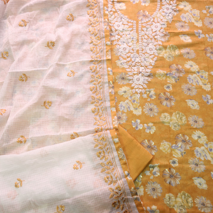 Apurav Peanut Yellow Chikankari Inspired Neck Work Floral Print Cotton Suit Set