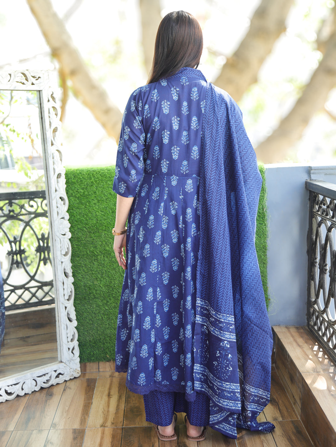 Anjani Indigo Blue V Neck Dabu Printed Anarkali Cotton 3 Piece Set D1