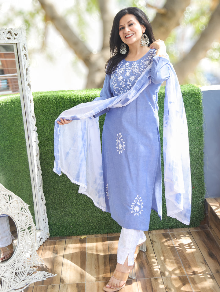 Kira Faded Blue Emboirdered Cotton 3 Piece Set