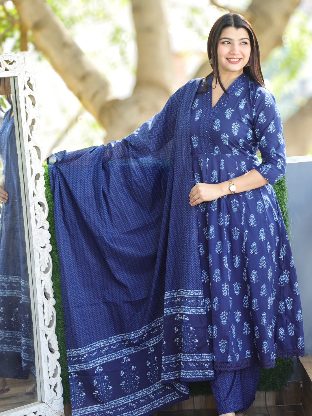 Anjani Indigo Blue V Neck Dabu Printed Anarkali Cotton 3 Piece Set D1