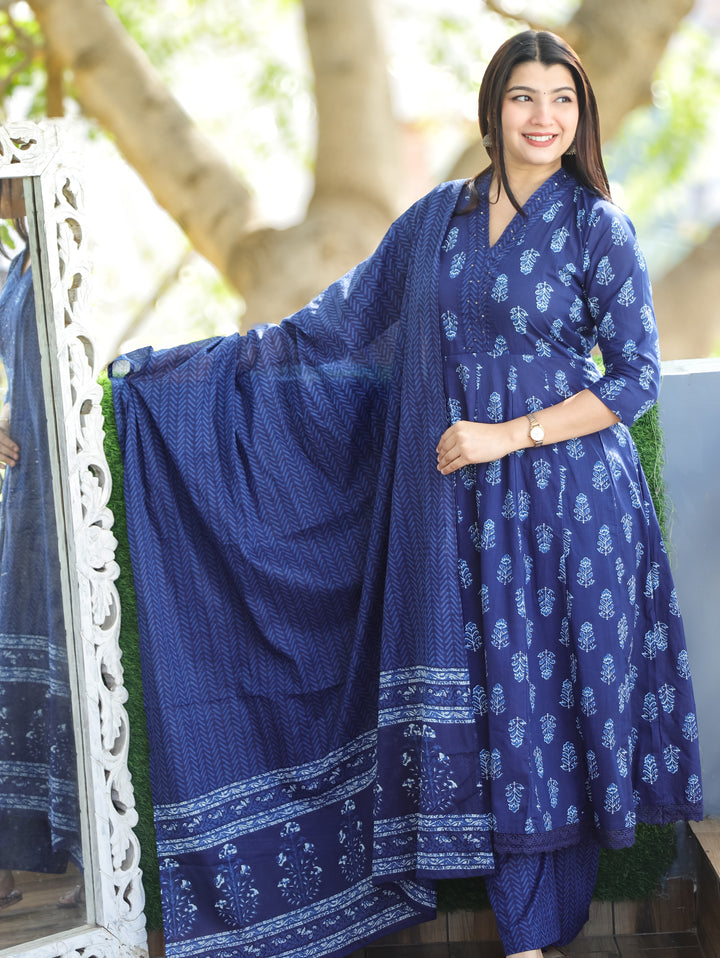 Anjani Indigo Blue V Neck Dabu Printed Anarkali Cotton 3 Piece Set D1