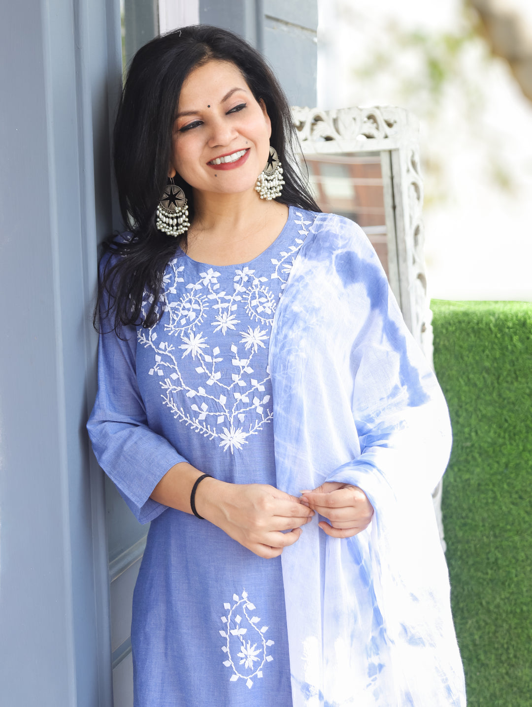 Kira Faded Blue Emboirdered Cotton 3 Piece Set