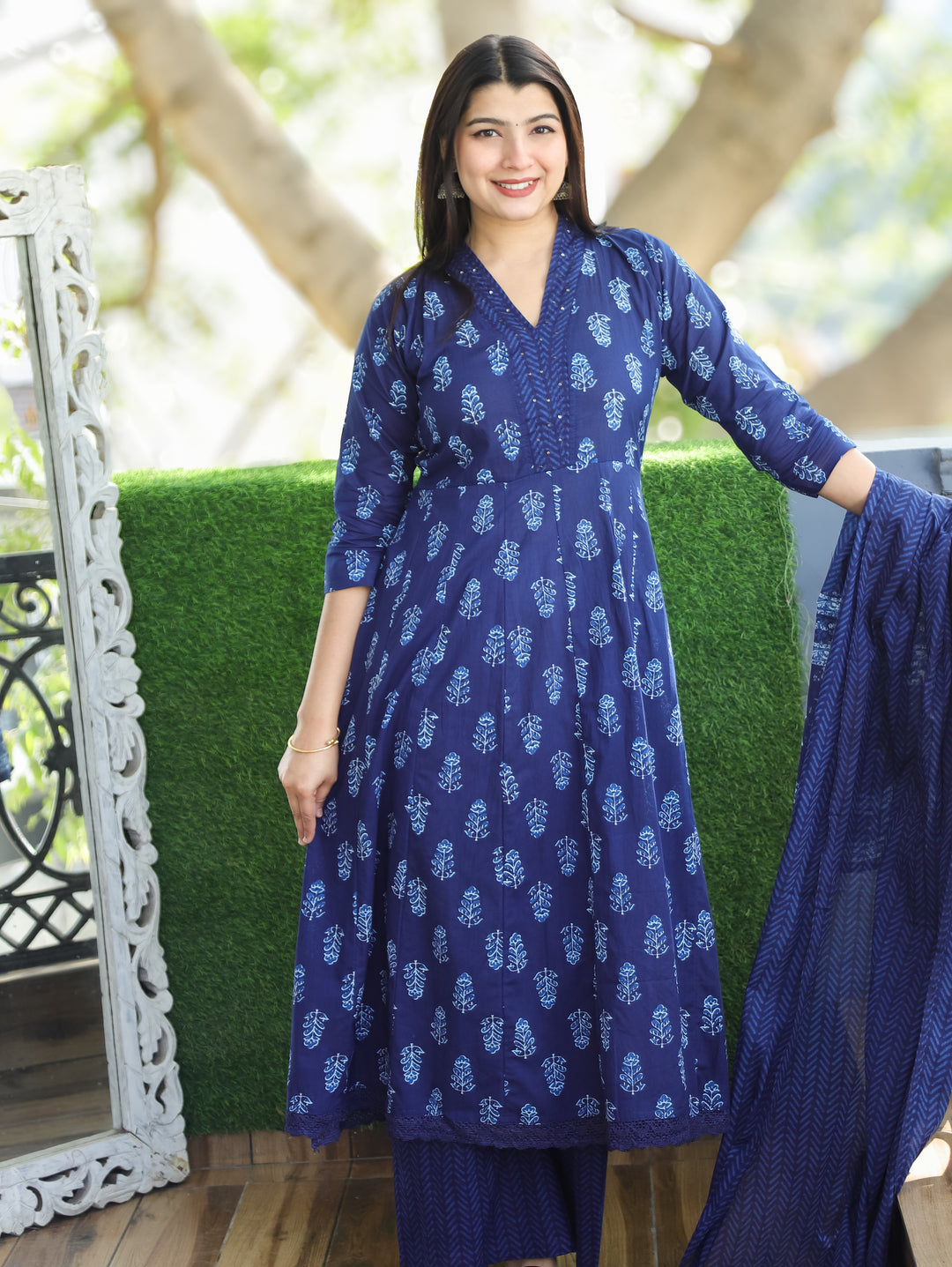 Anjani Indigo Blue V Neck Dabu Printed Anarkali Cotton 3 Piece Set D1