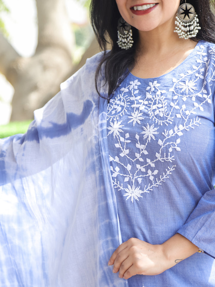 Kira Faded Blue Emboirdered Cotton 3 Piece Set