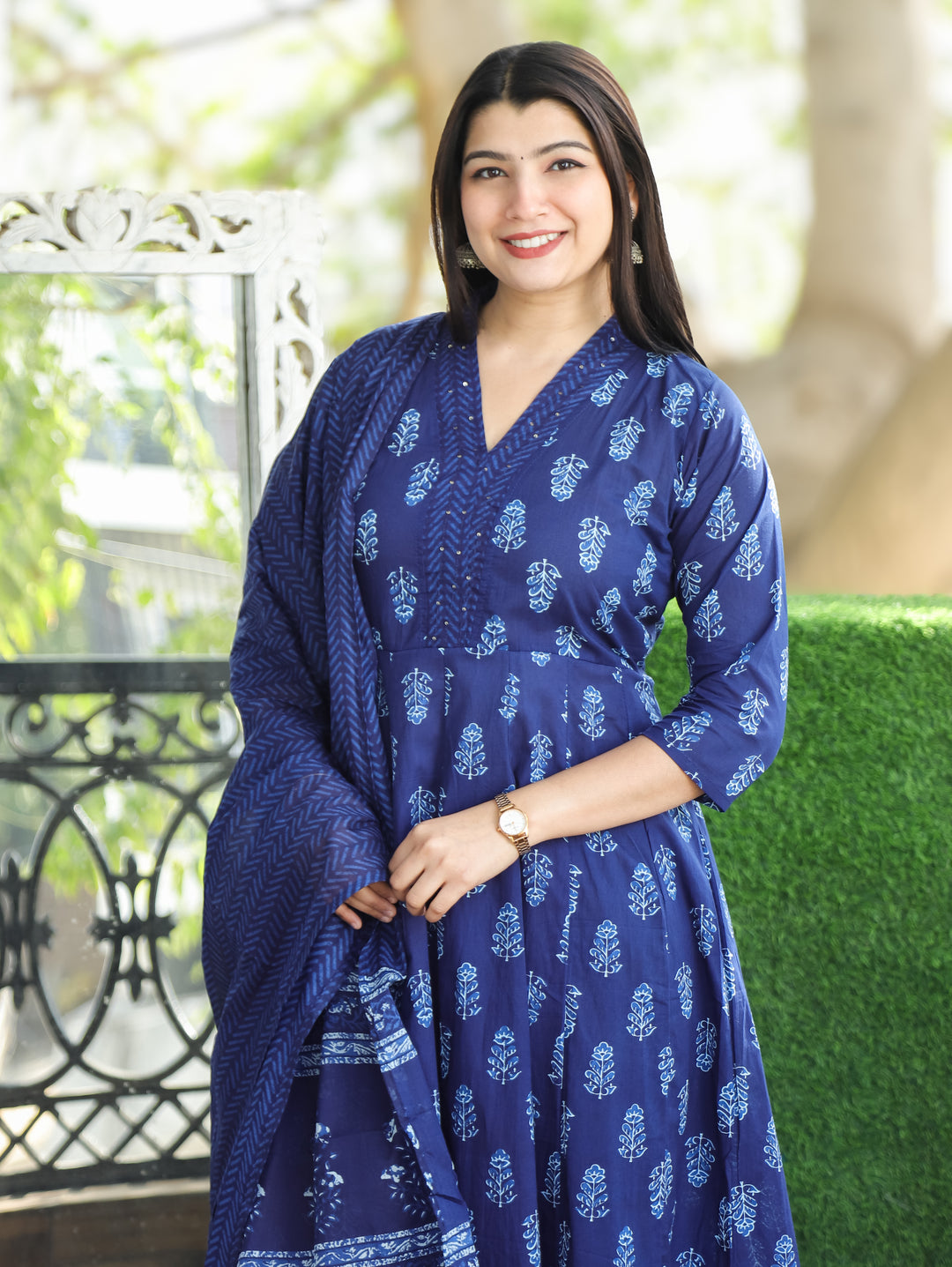 Anjani Indigo Blue V Neck Dabu Printed Anarkali Cotton 3 Piece Set D1