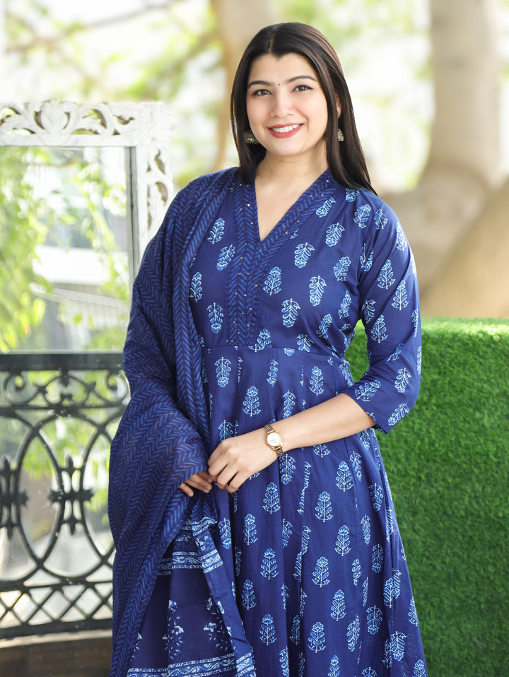 Anjani Indigo Blue V Neck Dabu Printed Anarkali Cotton 3 Piece Set D1
