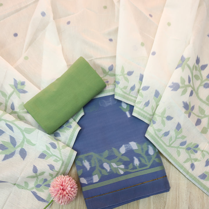Surya Prus.Blue Floral Authentic Jamdani Top with Green Bottom Set