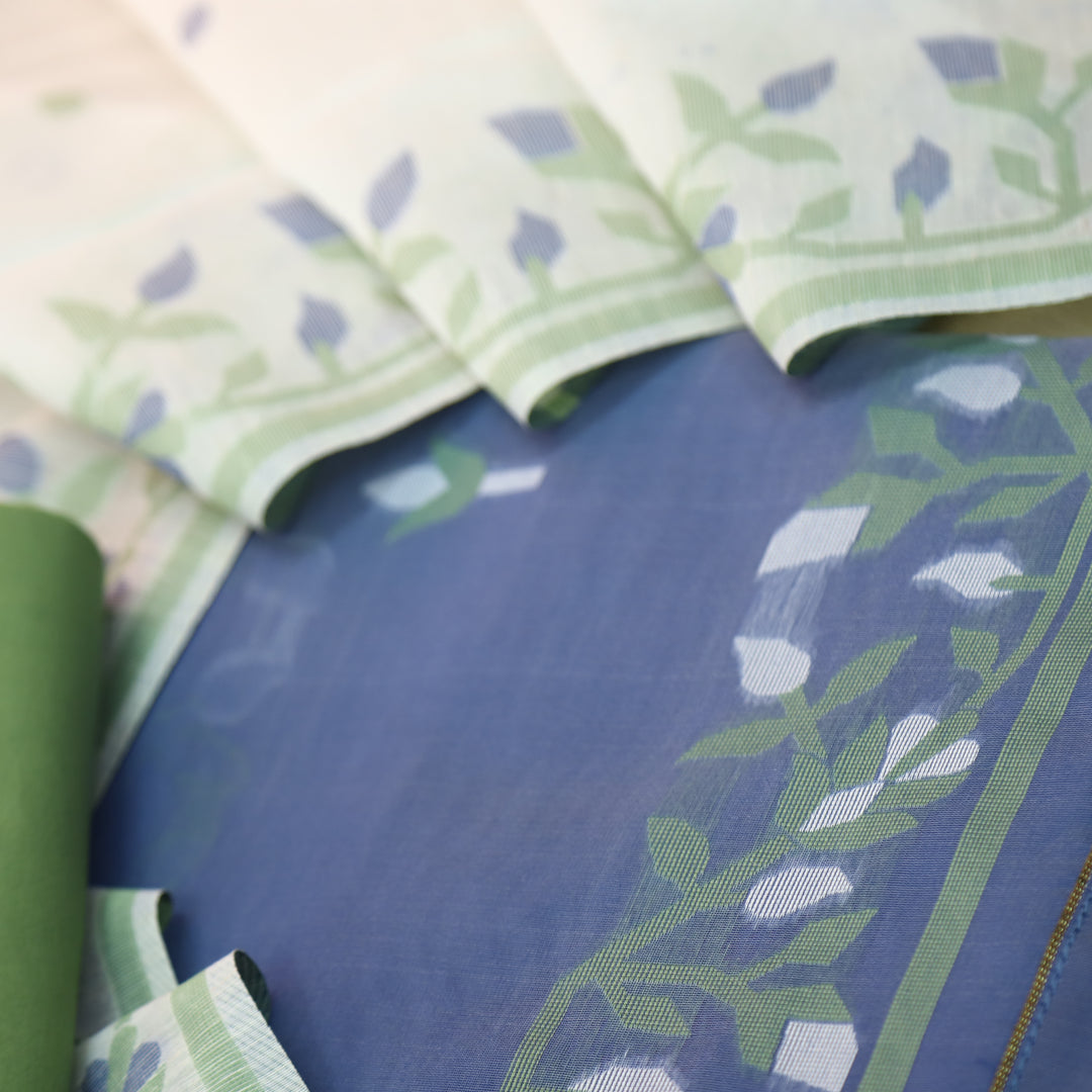 Surya Prus.Blue Floral Authentic Jamdani Top with Green Bottom Set