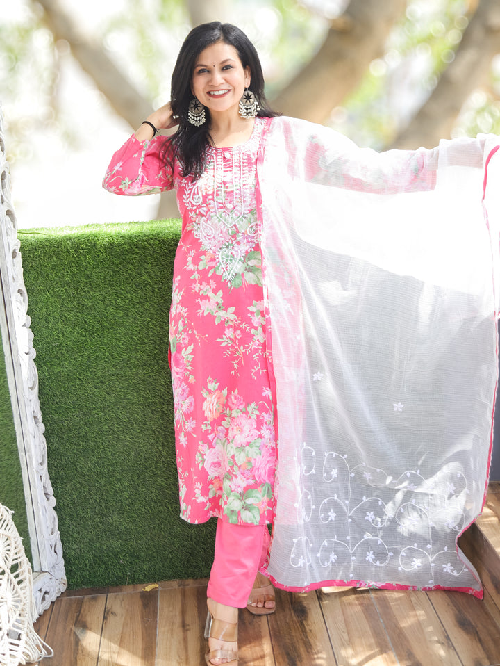 Kira Rani Pink Floral Print Cotton 3 Piece Set
