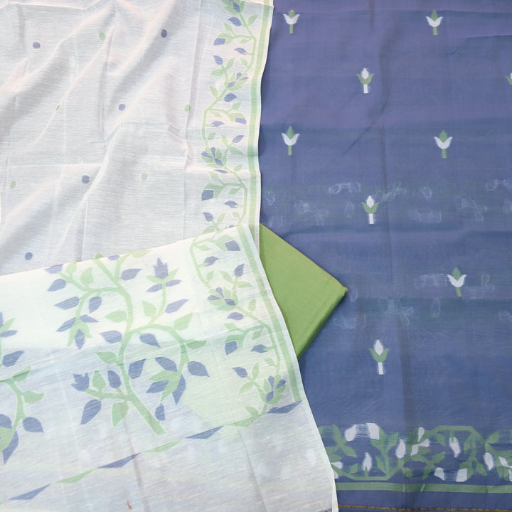 Surya Prus.Blue Floral Authentic Jamdani Top with Green Bottom Set