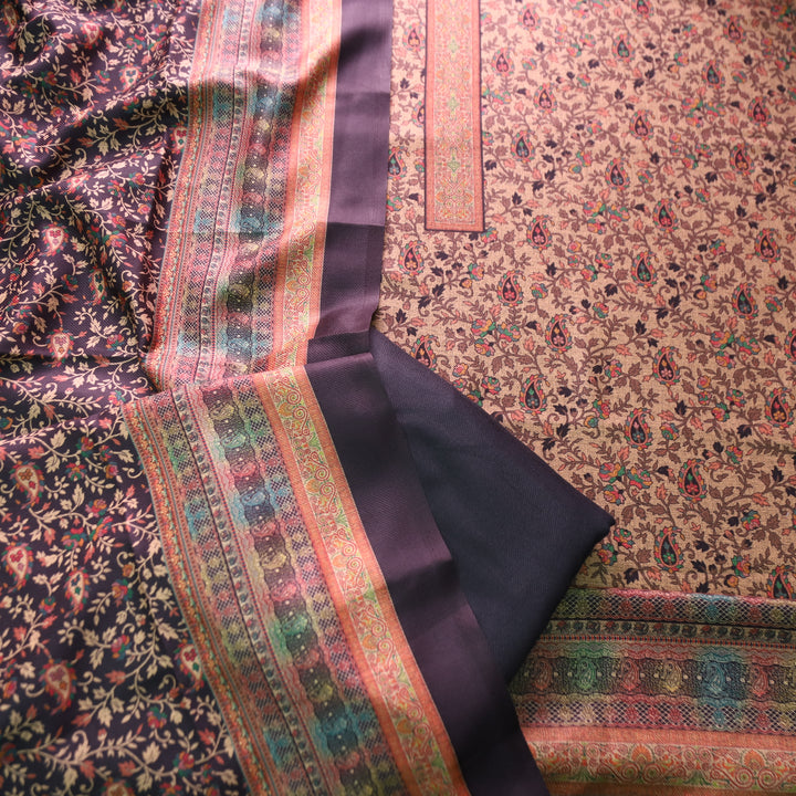 कल्याणी Beige with Black All Over Kanni Floral Printed Semi Pashmina Winter Set